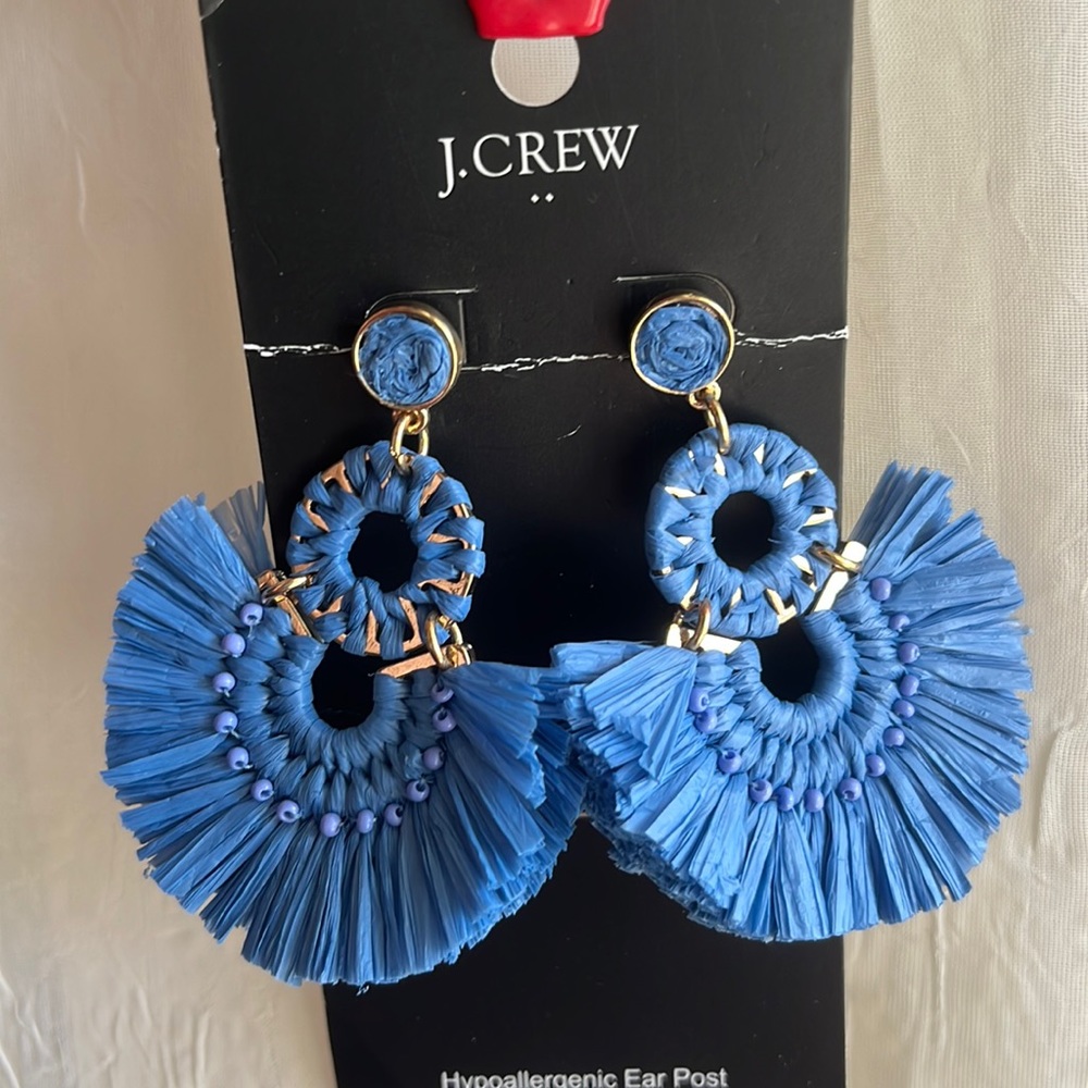 New J. Crew Tassel Straw chambray and gold colors.